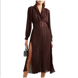 NEW ROTATE Birger Christensen Belted Polka-Dot Plissé-Chiffon Midi Dress Brown
